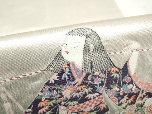 平和屋着物●加賀友禅の巨匠　初代　由水十久　西陣　長嶋成織物　ながしま帯　太鼓柄袋帯　花売り　瀞銀錦　正絹　逸品　CABN2409hy