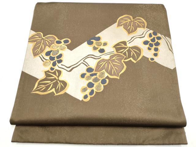 平和屋着物●太鼓柄袋帯　駒刺繍　葡萄蔦の葉文　金彩　金通し地　正絹　逸品　CABN2413hy