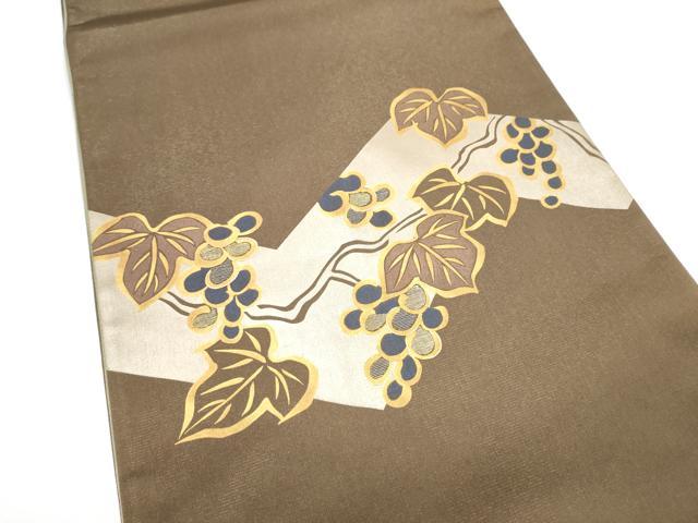平和屋着物●太鼓柄袋帯　駒刺繍　葡萄蔦の葉文　金彩　金通し地　正絹　逸品　CABN2413hy