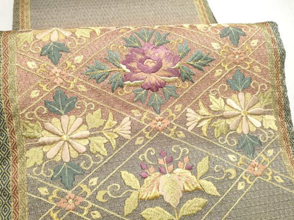平和屋着物●ひなや工房　くむ・あむ・おる　伊豆蔵明彦　太鼓柄袋帯　総刺繍　菱花文　金糸　正絹　逸品　CABN2415hy
