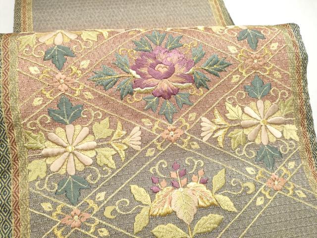 平和屋着物●ひなや工房　くむ・あむ・おる　伊豆蔵明彦　太鼓柄袋帯　総刺繍　菱花文　金糸　正絹　逸品　CABN2415hy