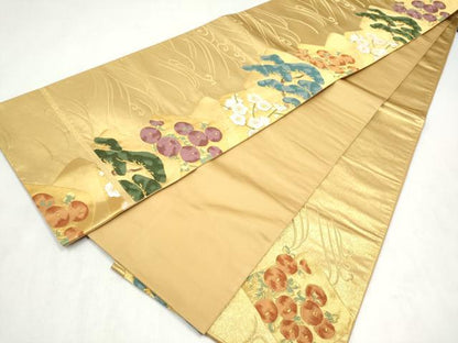 平和屋着物●銀座きしや　六通柄袋帯　流水草花文　金糸　正絹　逸品　CABN2435hy