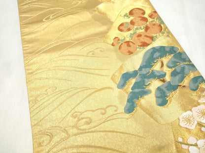 平和屋着物●銀座きしや　六通柄袋帯　流水草花文　金糸　正絹　逸品　CABN2435hy