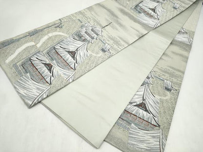 平和屋着物●六通柄袋帯　風景文　銀糸　正絹　逸品　CABN2436hy