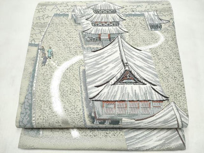 平和屋着物●六通柄袋帯　風景文　銀糸　正絹　逸品　CABN2436hy