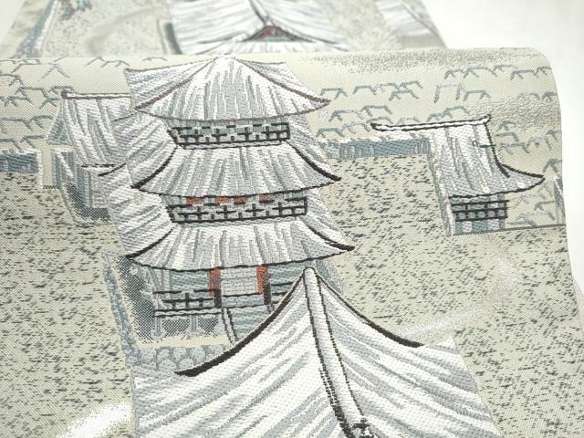 平和屋着物●六通柄袋帯　風景文　銀糸　正絹　逸品　CABN2436hy