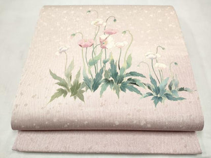 平和屋着物●太鼓柄袋帯　草花文　銀通し地　正絹　逸品　CABN2441hy