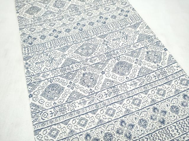 平和屋着物●六通柄袋帯　藍　横段花文　正絹　逸品　CABN2444hy