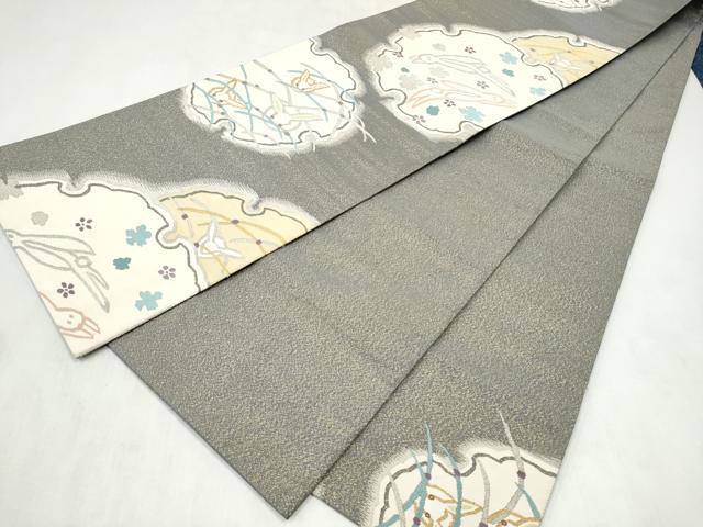 平和屋着物●京友禅作家　山科春宣　爪搔き本綴れ　六通柄袋帯　雪輪兎花文　金銀糸　反端付き　正絹　逸品　CABN2449hy