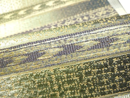 平和屋着物●六通柄袋帯　本泥染　横段幾何学文様　金糸　正絹　逸品　CABN2470hy