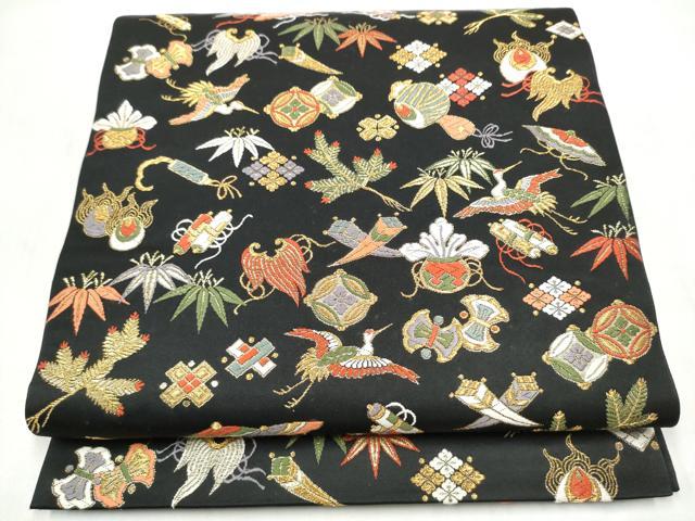 平和屋着物●六通柄袋帯　唐織　宝尽くし　黒地　金糸　正絹　逸品　CABN2473hy