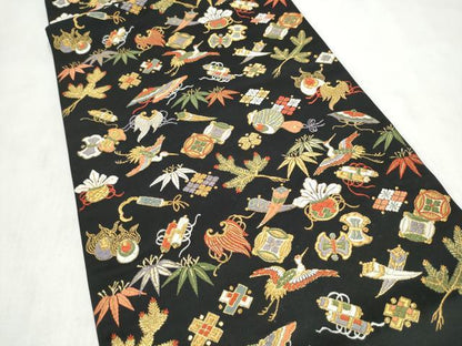 平和屋着物●六通柄袋帯　唐織　宝尽くし　黒地　金糸　正絹　逸品　CABN2473hy