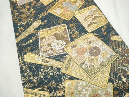 平和屋着物●六通柄袋帯　色紙重ね草花文　金糸　正絹　逸品　CABN2475hy