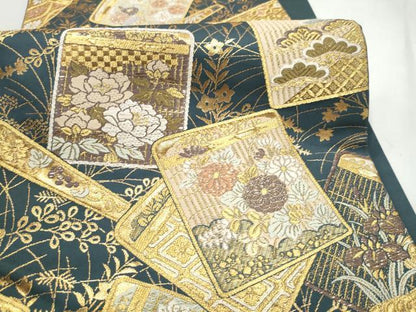 平和屋着物●六通柄袋帯　色紙重ね草花文　金糸　正絹　逸品　CABN2475hy