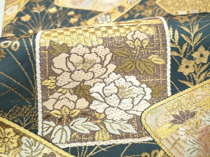 平和屋着物●六通柄袋帯　色紙重ね草花文　金糸　正絹　逸品　CABN2475hy