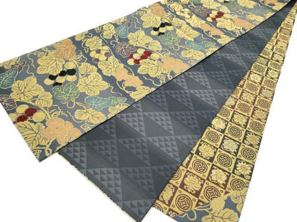平和屋着物●両面　両方向　全通柄袋帯　金華山織　モール織　葡萄蔦の葉文　金糸　正絹　逸品　CABN2483hy