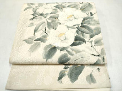 平和屋着物●太鼓柄袋帯　作家物　ふくれ織　椿　正絹　逸品　CABN2490hy