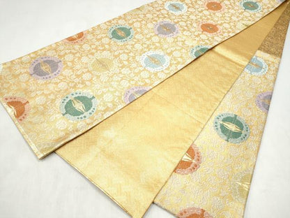 平和屋着物●佐賀錦　六通柄袋帯　唐織　唐花に向い蝶　金糸　正絹　逸品　CABN2497hy