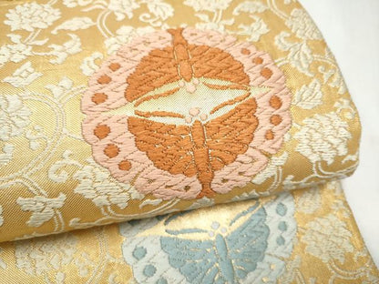 平和屋着物●佐賀錦　六通柄袋帯　唐織　唐花に向い蝶　金糸　正絹　逸品　CABN2497hy