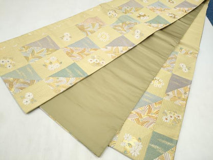 平和屋着物●六通柄袋帯　唐織　市松草花文　金糸　正絹　逸品　CABN2520hy