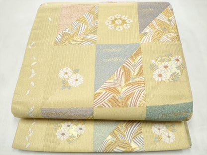 平和屋着物●六通柄袋帯　唐織　市松草花文　金糸　正絹　逸品　CABN2520hy