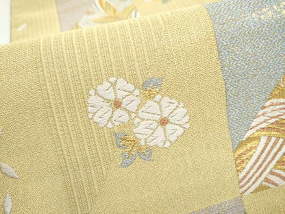 平和屋着物●六通柄袋帯　唐織　市松草花文　金糸　正絹　逸品　CABN2520hy