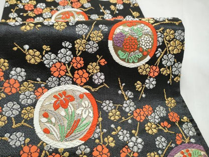 平和屋着物●西陣の名門　加納幸謹製　六通柄袋帯　唐織　草花丸文　黒地　金銀糸　正絹　逸品　CABN2521hy