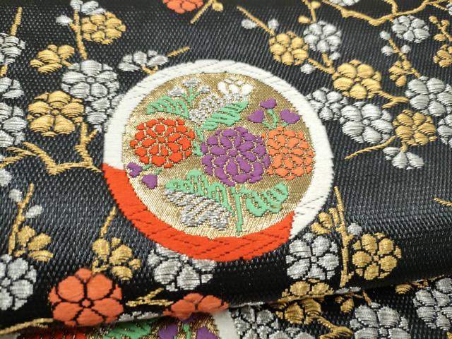 平和屋着物●西陣の名門　加納幸謹製　六通柄袋帯　唐織　草花丸文　黒地　金銀糸　正絹　逸品　CABN2521hy