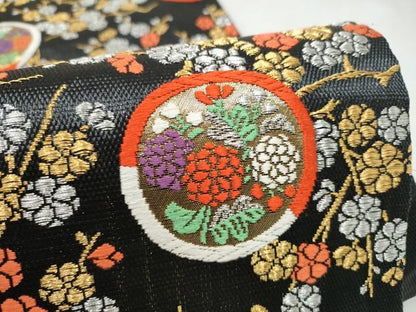 平和屋着物●西陣の名門　加納幸謹製　六通柄袋帯　唐織　草花丸文　黒地　金銀糸　正絹　逸品　CABN2521hy