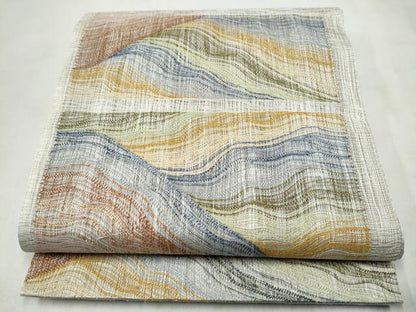 平和屋着物▽両面　太鼓柄袋帯　スリーシーズン　春夏秋　櫛織　霞文　金糸　正絹　逸品　CABN2537hy