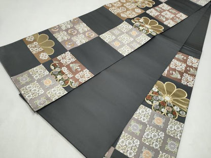 平和屋着物●六通柄袋帯　唐織　市松舞花文　金糸　正絹　逸品　CABN2541hy
