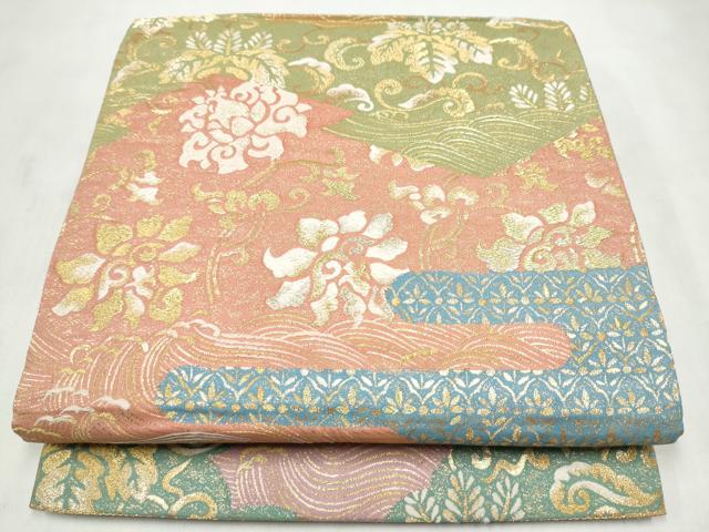 平和屋着物●六通柄袋帯　流水花文　金糸　正絹　逸品　CABN2543hy