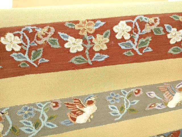 平和屋着物●爪搔き本綴れ　太鼓柄袋帯　横段花鳥文　金糸　正絹　逸品　CABN2558hy