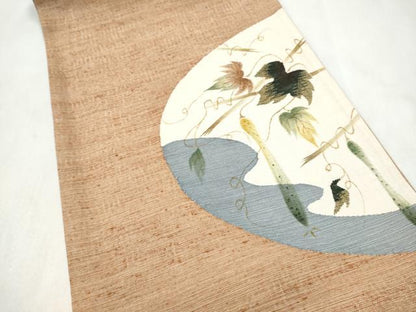 平和屋着物●太鼓柄袋帯　紬地　すくい織　蔦の葉文　正絹　逸品　CABN2565hy