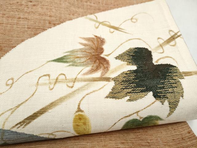 平和屋着物●太鼓柄袋帯　紬地　すくい織　蔦の葉文　正絹　逸品　CABN2565hy