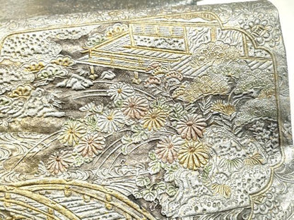 平和屋着物●太鼓柄袋帯　金唐革　風景草花文　金銀彩　逸品　CABN2687hy
