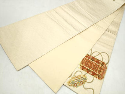 平和屋着物●太鼓柄袋帯　総刺繍　駒刺繍　貝桶花文　正絹　逸品　CABN2702hy