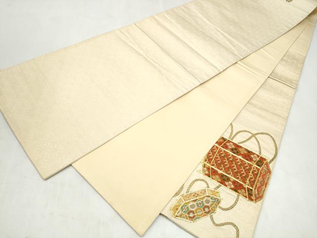 平和屋着物●太鼓柄袋帯　総刺繍　駒刺繍　貝桶花文　正絹　逸品　CABN2702hy