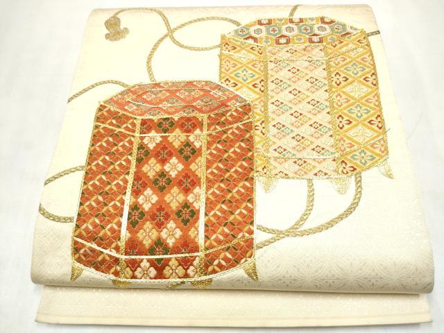 平和屋着物●太鼓柄袋帯　総刺繍　駒刺繍　貝桶花文　正絹　逸品　CABN2702hy
