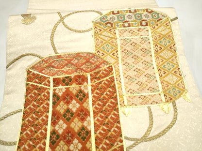 平和屋着物●太鼓柄袋帯　総刺繍　駒刺繍　貝桶花文　正絹　逸品　CABN2702hy
