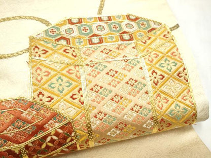 平和屋着物●太鼓柄袋帯　総刺繍　駒刺繍　貝桶花文　正絹　逸品　CABN2702hy