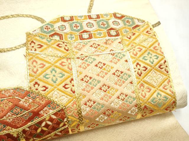 平和屋着物●太鼓柄袋帯　総刺繍　駒刺繍　貝桶花文　正絹　逸品　CABN2702hy