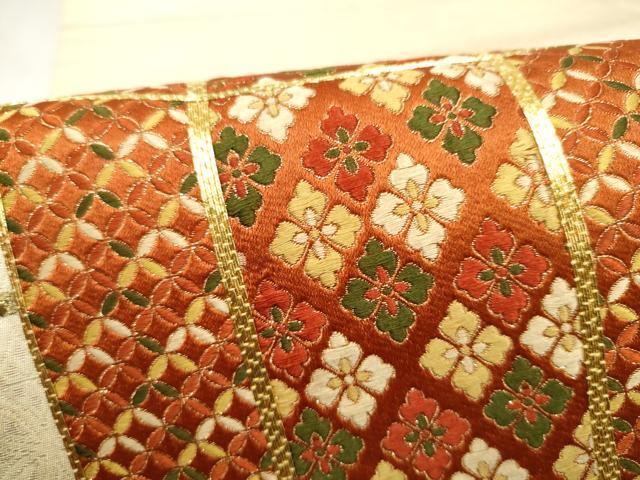 平和屋着物●太鼓柄袋帯　総刺繍　駒刺繍　貝桶花文　正絹　逸品　CABN2702hy