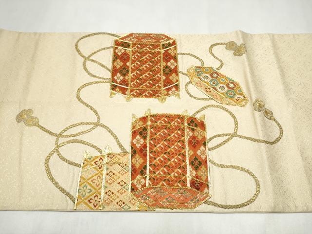 平和屋着物●太鼓柄袋帯　総刺繍　駒刺繍　貝桶花文　正絹　逸品　CABN2702hy