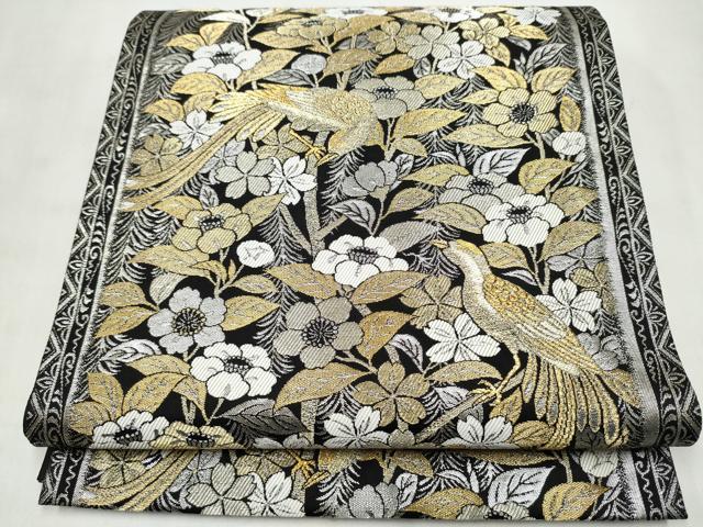 平和屋着物●六通柄袋帯　休み鳥枝花文　黒地　金銀糸　正絹　逸品　CABN2705hy