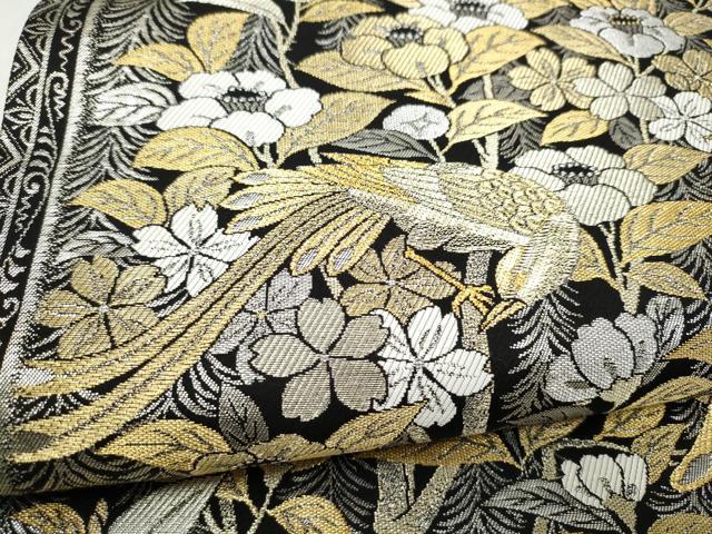 平和屋着物●六通柄袋帯　休み鳥枝花文　黒地　金銀糸　正絹　逸品　CABN2705hy