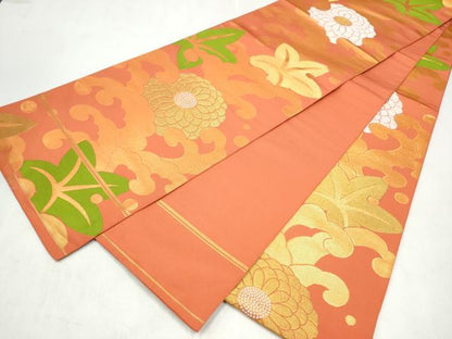 平和屋着物●織物一筋名門　織悦　全通柄　本袋帯　流水草花文　金糸　正絹　逸品　CABN2707hy