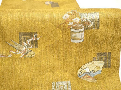 平和屋着物●両面　両方向　全通柄袋帯　源氏物語の香り　五十四帖全通奏絵図　さが美扱い　正絹　逸品　CABN2719hy