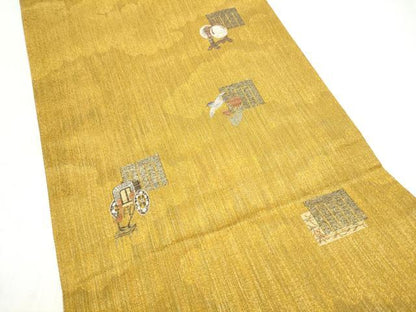 平和屋着物●両面　両方向　全通柄袋帯　源氏物語の香り　五十四帖全通奏絵図　さが美扱い　正絹　逸品　CABN2719hy