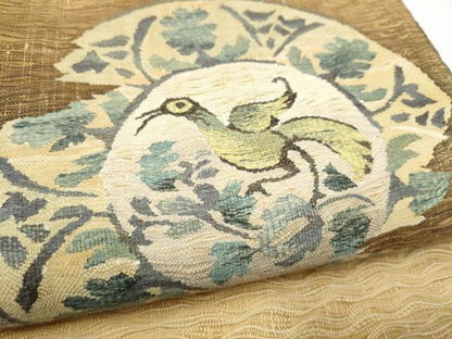 平和屋着物●太鼓柄袋帯　すくい織　絵皿花鳥文　金糸　正絹　逸品　CABN2727hy